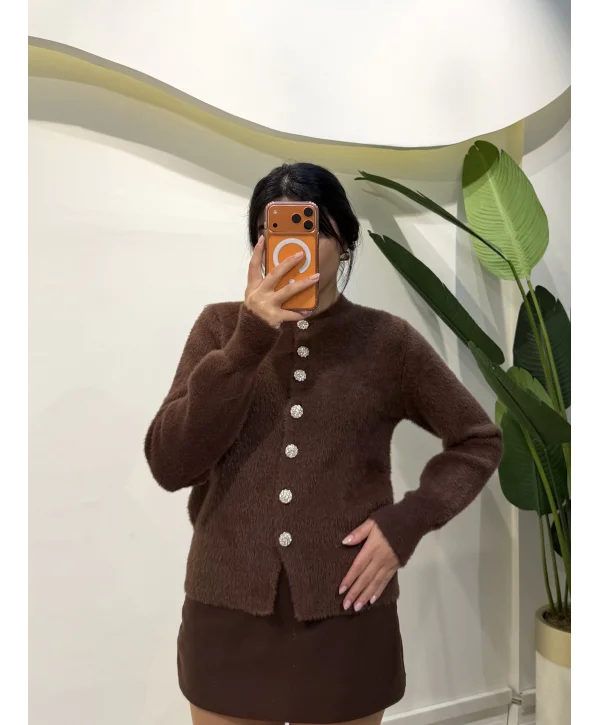 Elmas Düğmeli Sakallı Hırka - Kahve