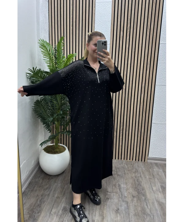 Fermuarlı Shine Elbise - SİYAH