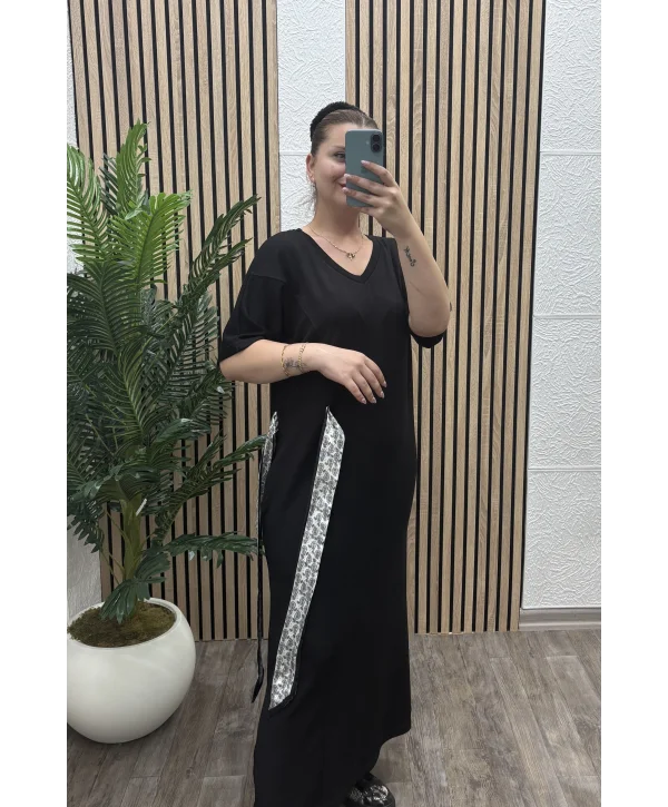 Fular Detay Cepli Modal Elbise - SİYAH
