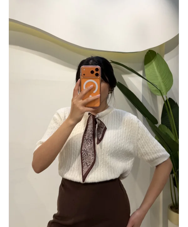 Fularlı Saç Örgü Hırka - Ekru