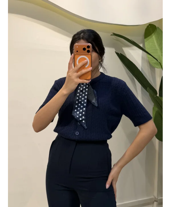 Fularlı Saç Örgü Hırka - Lacivert