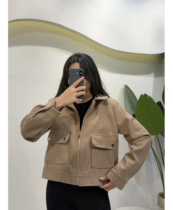 Gold Detaylı Kaşe Ceket - Vizon