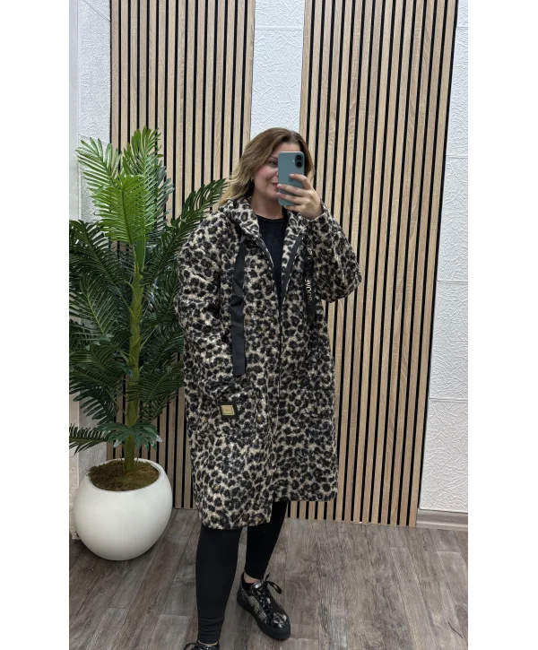 Kapüşonlu Leopar Peluş Kaban