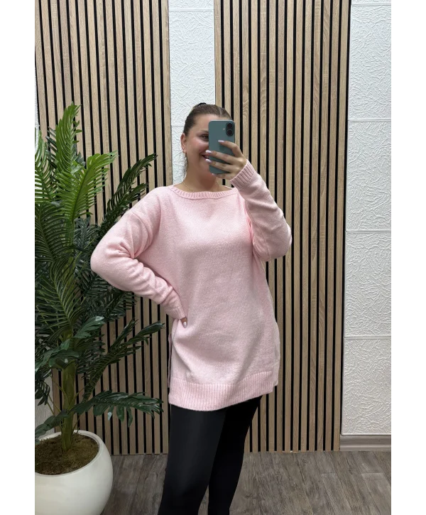 Kayık Yaka Triko Kazak - PEMBE