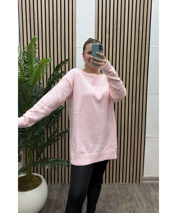 Kayık Yaka Triko Kazak - PEMBE