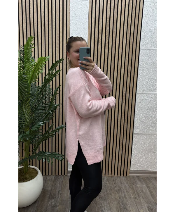 Kayık Yaka Triko Kazak - PEMBE
