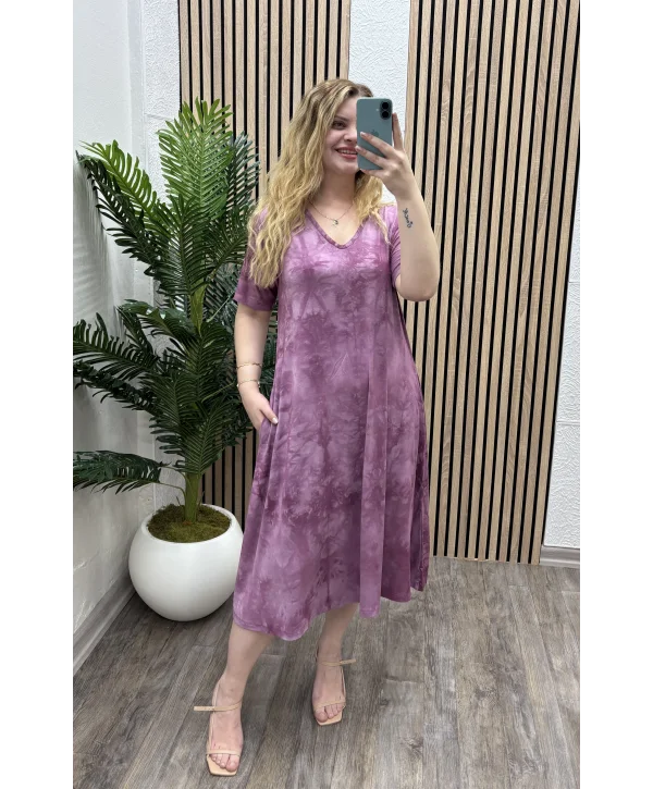 Marin Desenli Cepli Elbise - Pembe