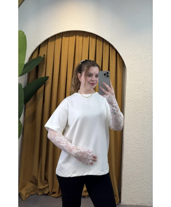 Oversize Bilek Detay Dantel Kol T-Shirt - BEYAZ