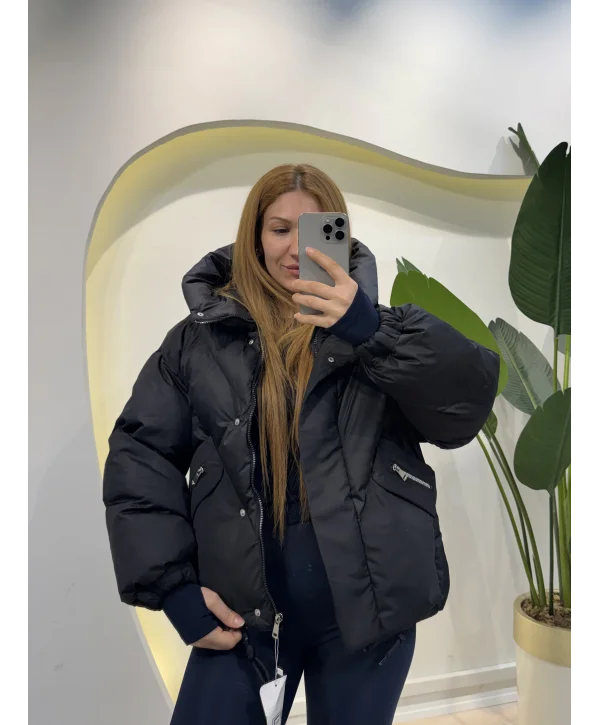 Oversize Kapüşonlu Şişme Mont - Siyah