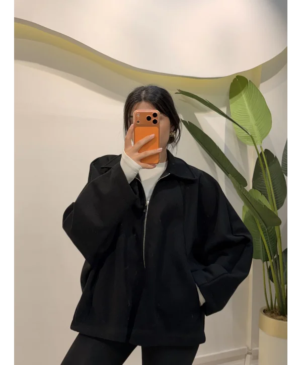 Oversize Kaşe Ceket - Siyah