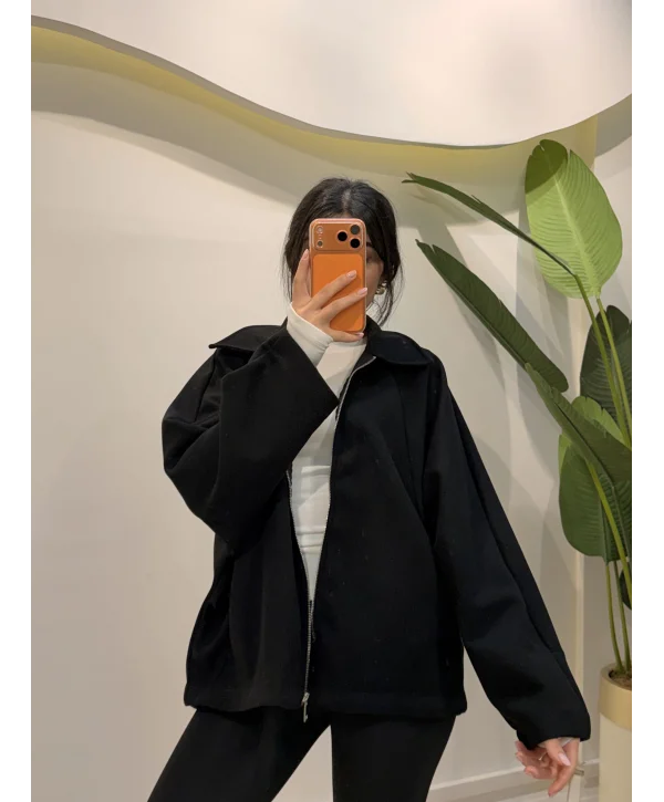 Oversize Kaşe Ceket - Siyah