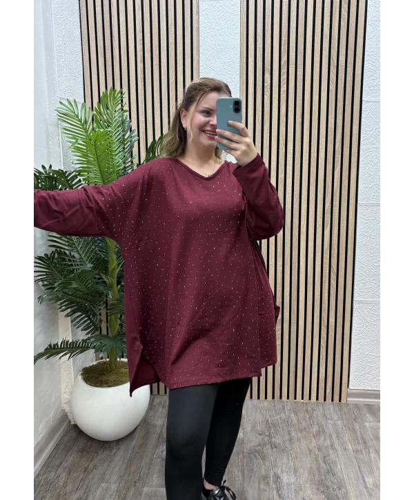 Oversize Taş Detaylı Modal Bluz - BORDO