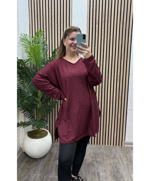 Oversize Taş Detaylı Modal Bluz - BORDO