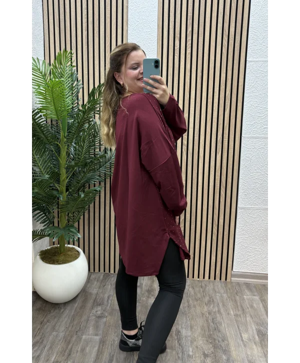 Oversize Taş Detaylı Modal Bluz - BORDO