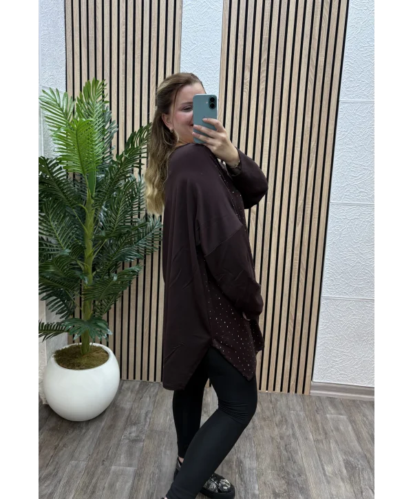 Oversize Taş Detaylı Modal Bluz - KAHVERENGİ