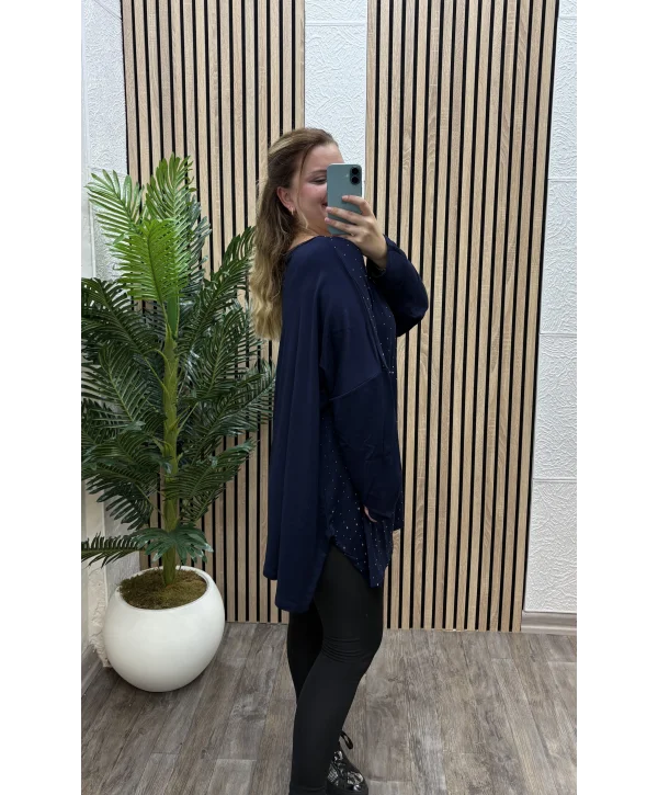 Oversize Taş Detaylı Modal Bluz - LACİVERT