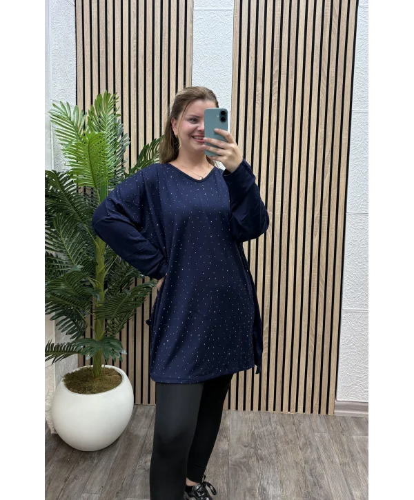 Oversize Taş Detaylı Modal Bluz - LACİVERT