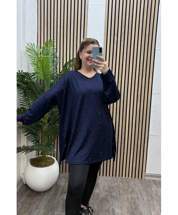 Oversize Taş Detaylı Modal Bluz - LACİVERT