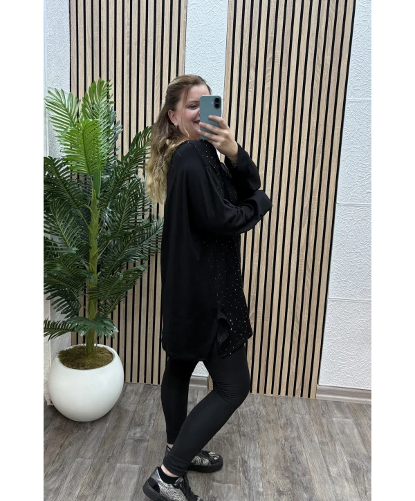 Oversize Taş Detaylı Modal Bluz - SİYAH