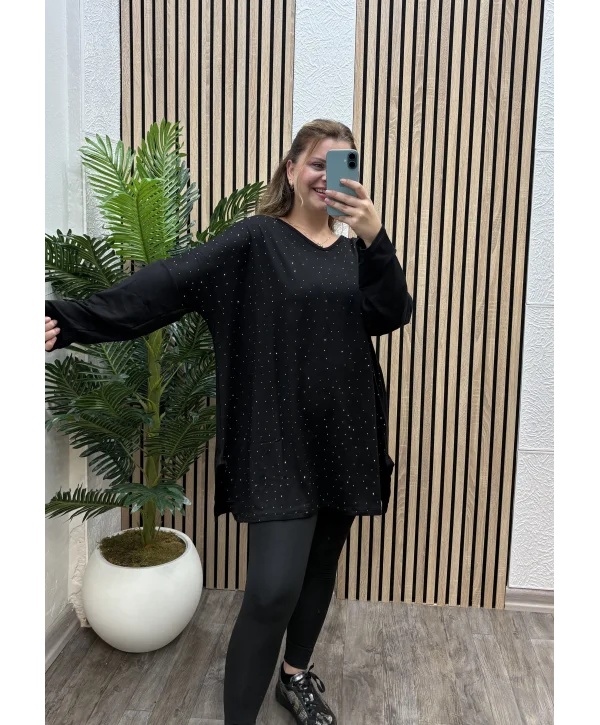Oversize Taş Detaylı Modal Bluz - SİYAH