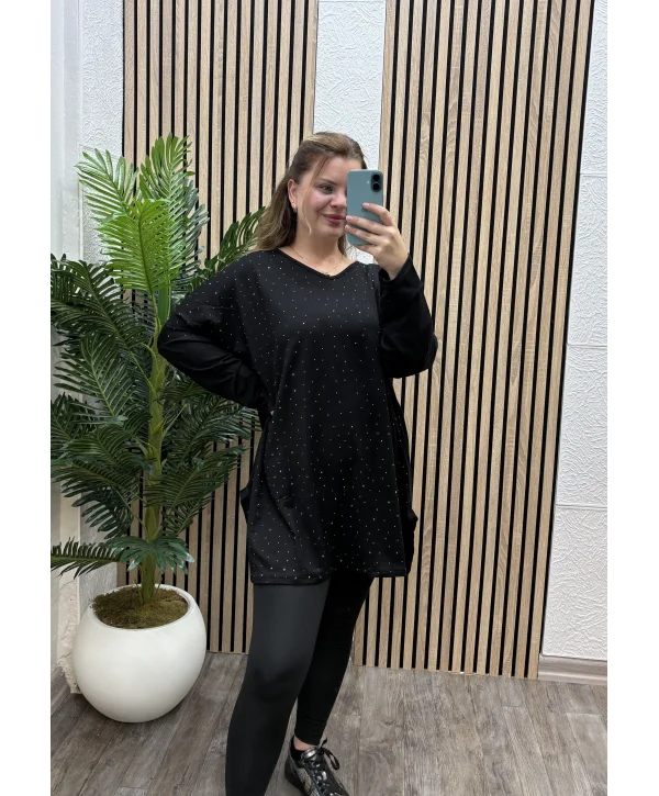 Oversize Taş Detaylı Modal Bluz - SİYAH
