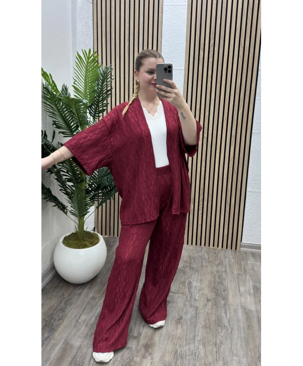 Pileli İkili Kimono Takım - BORDO