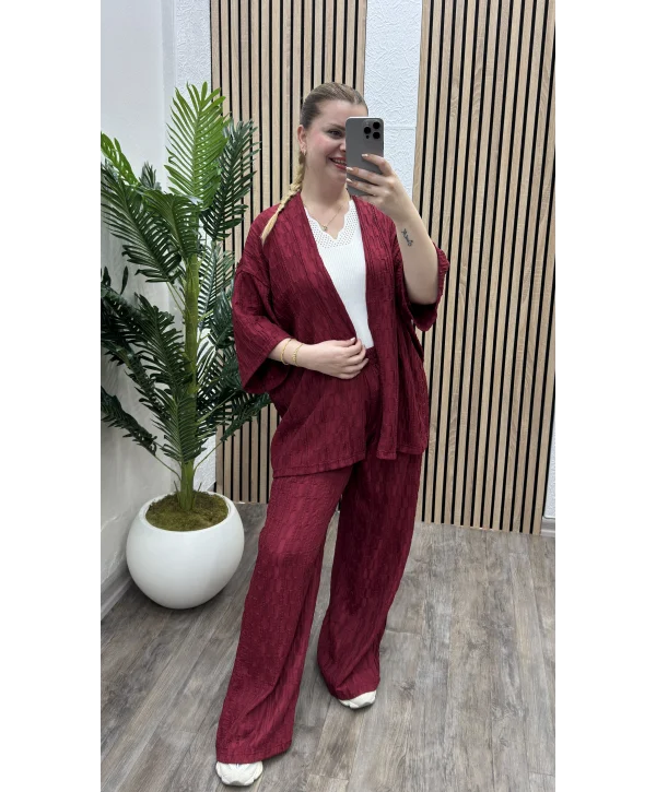 Pileli İkili Kimono Takım - BORDO