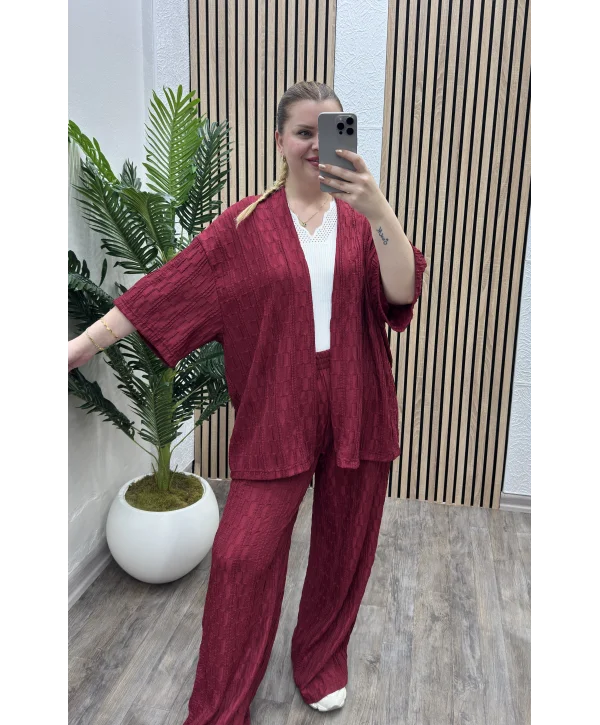 Pileli İkili Kimono Takım - BORDO
