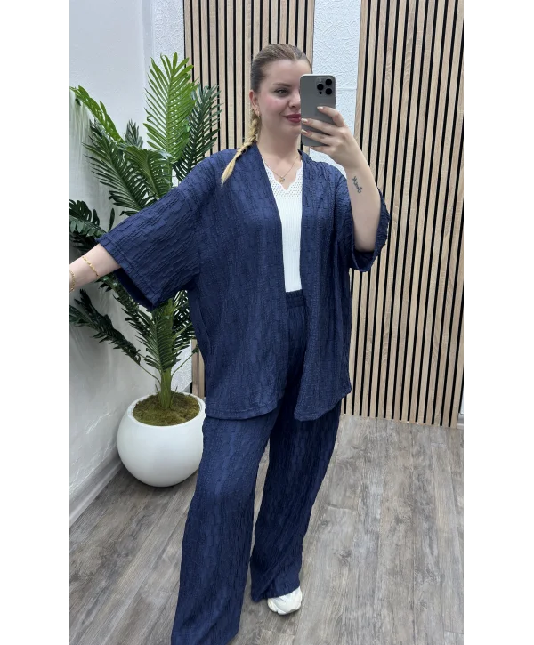 Pileli İkili Kimono Takım - LACİVERT