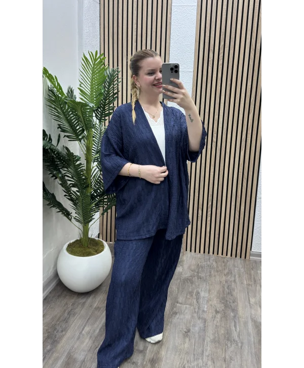 Pileli İkili Kimono Takım - LACİVERT