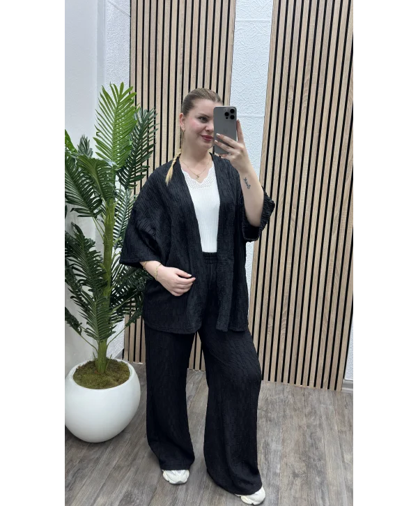 Pileli İkili Kimono Takım - SİYAH