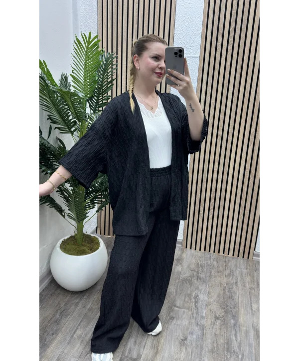 Pileli İkili Kimono Takım - SİYAH
