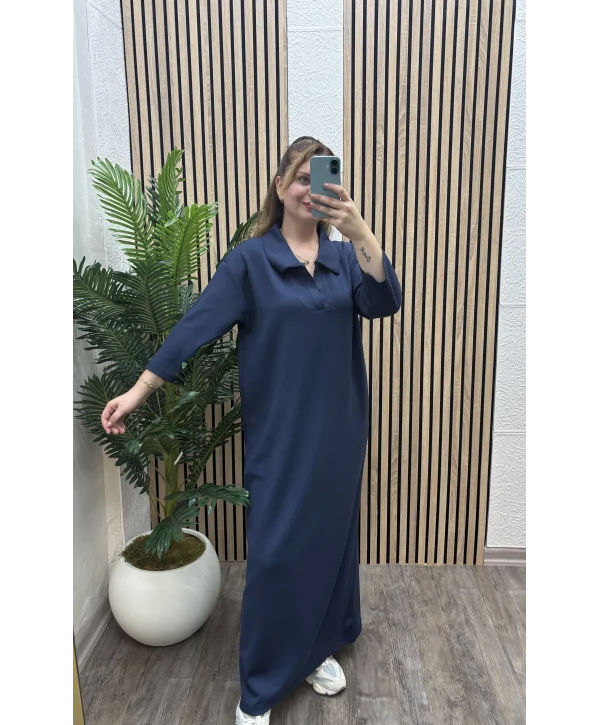 Polo Yaka Modal Basic Elbise - LACİVERT