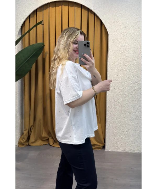 Sim Detay Oversize T-Shirt- BEYAZ