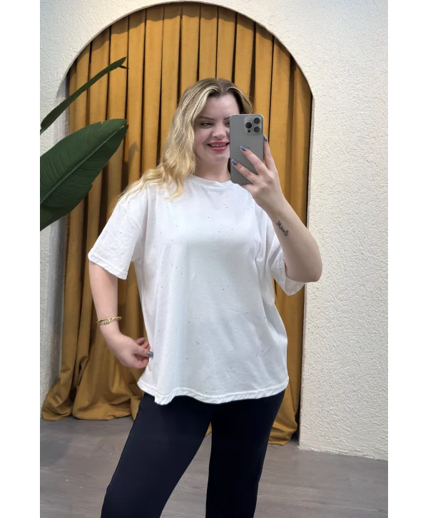 Sim Detay Oversize T-Shirt- BEYAZ