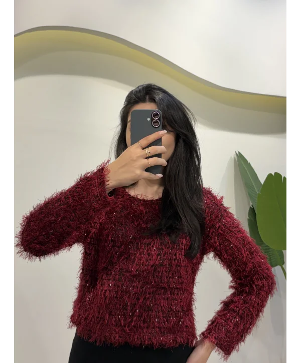 Simli Saçaklı Bluz - Bordo