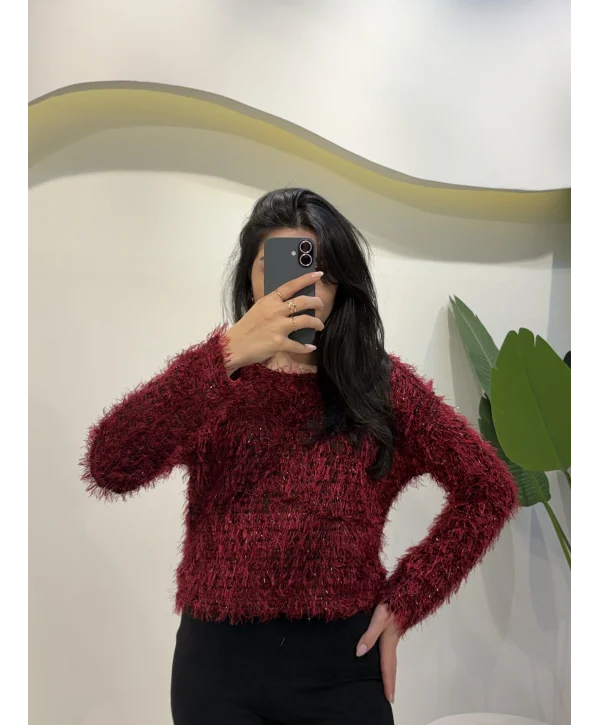 Simli Saçaklı Bluz - Bordo