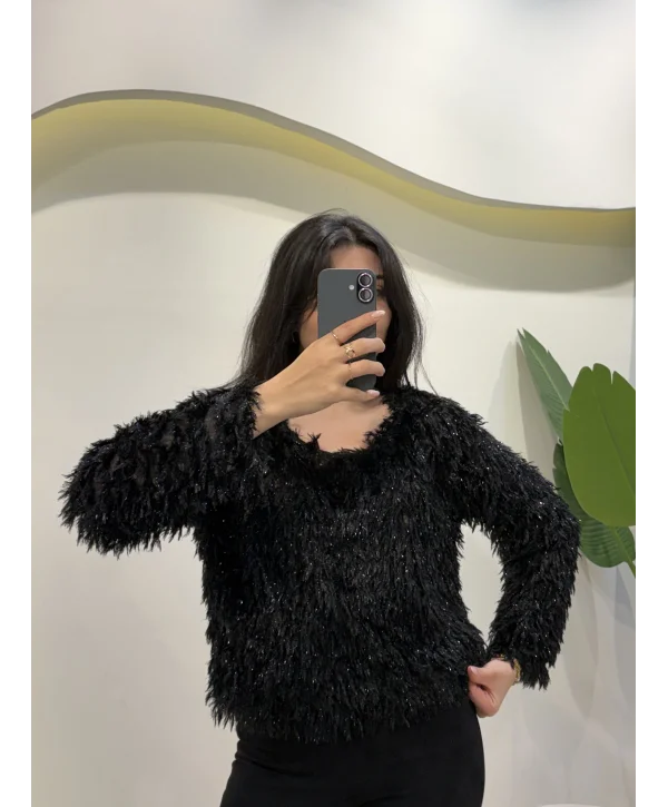 Simli Saçaklı Bluz - Siyah