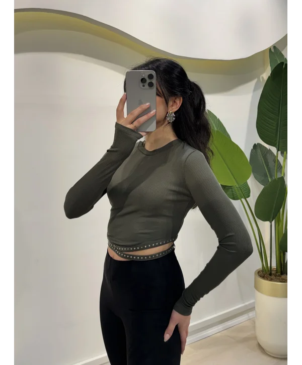 Bel Detaylı Crop Bluz - Haki