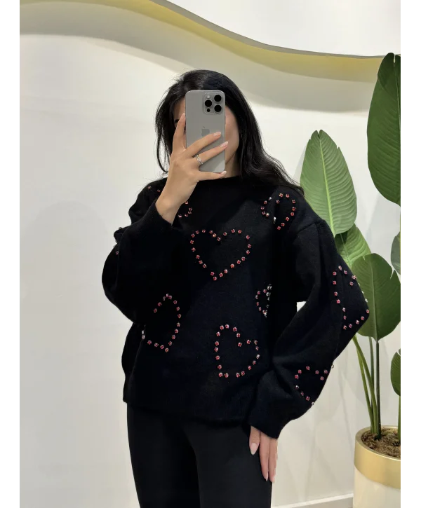 Taşlı Kalp Detaylı Kazak - Siyah