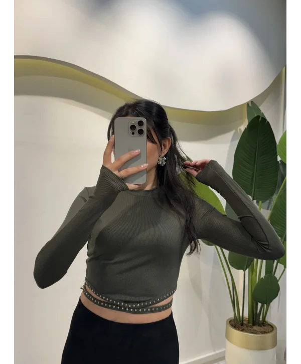 Bel Detaylı Crop Bluz - Haki