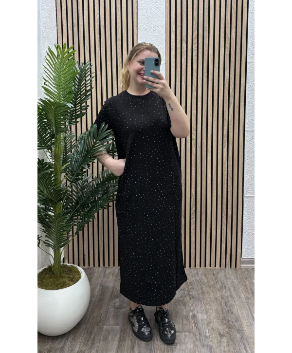 Taşlı Modal Shine Elbise - SİYAH