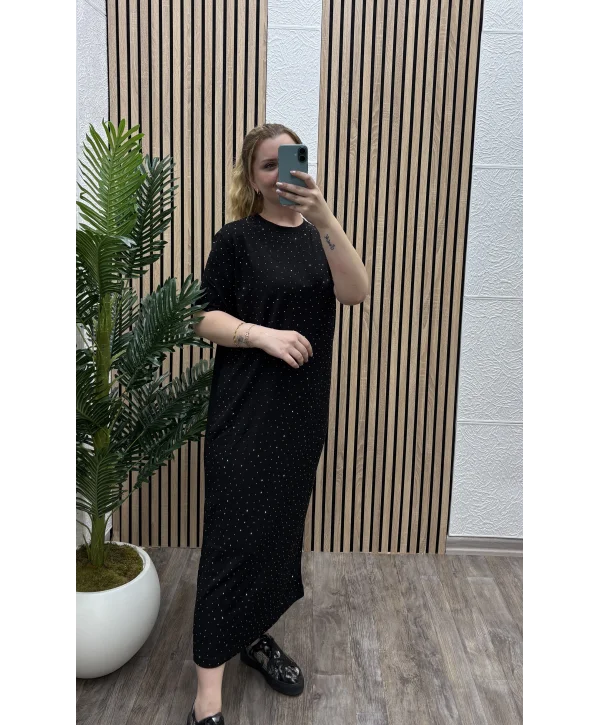 Taşlı Modal Shine Elbise - SİYAH