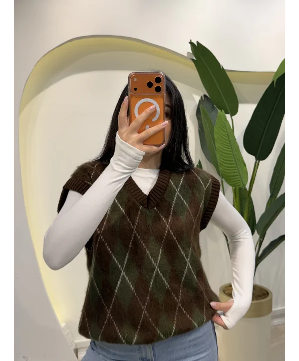 V Yaka Baklava Desen Süveter - Kahverengi