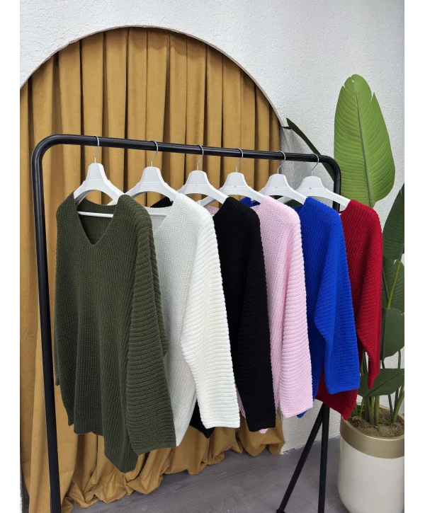 V Yaka Selanik Triko Bluz