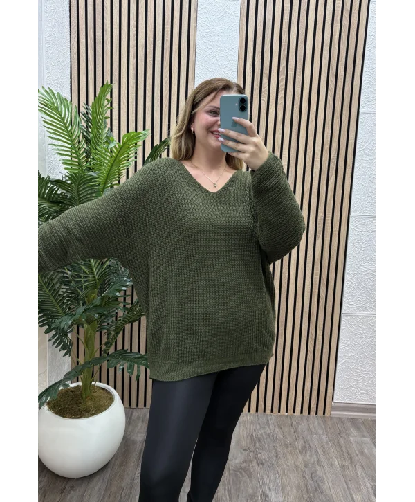 V Yaka Selanik Triko Bluz - HAKİ