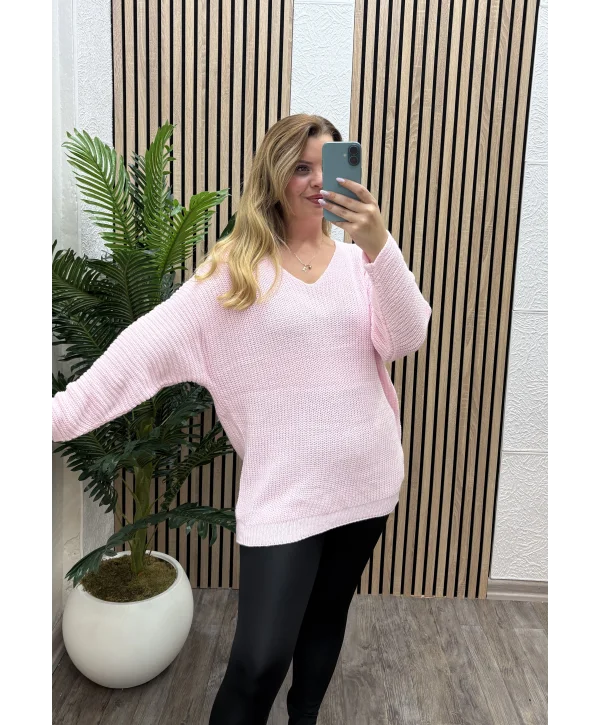 V Yaka Selanik Triko Bluz - TOZ PEMBE