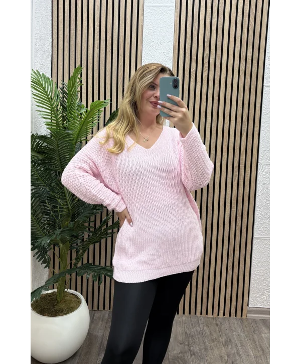 V Yaka Selanik Triko Bluz - TOZ PEMBE