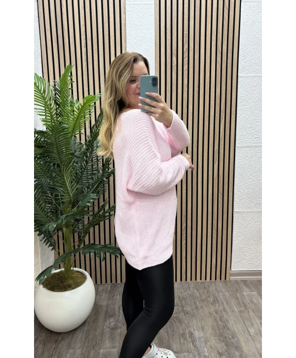 V Yaka Selanik Triko Bluz - TOZ PEMBE