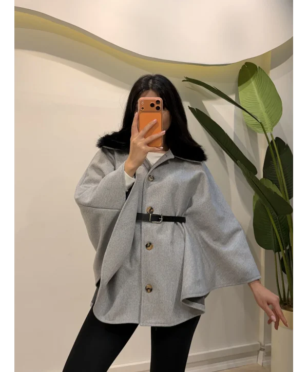 Yaka Kürklü Kaşe Ceket - Gri